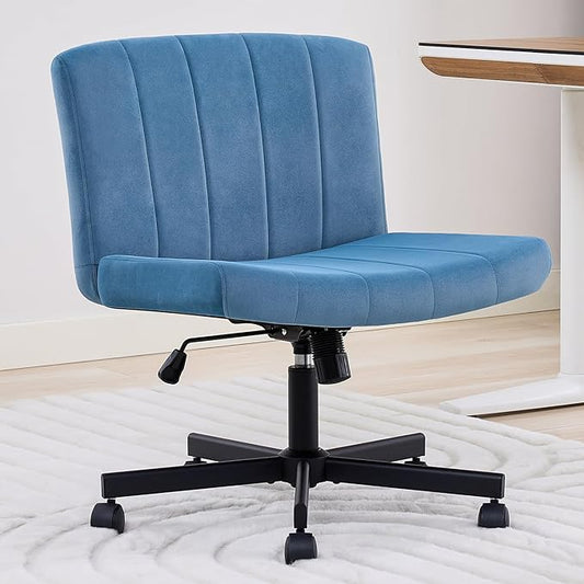 LukkDys Criss Cross Chair with Wheels, Wide Cross Legged Desk Chair, Comfy Fabric Vanity Chair for Home Office Bedroom, Adjustable Armless Swivel Task Chair with 90–115° Tilt, Denim Blue