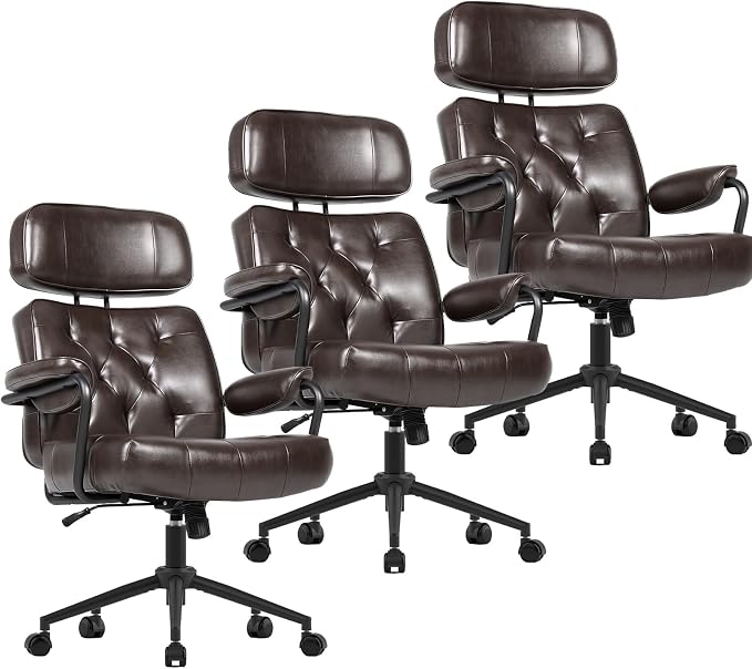 Mid Century Modern Home Office Desk Chair, Ergonomic Office Chair Big and Tall, High Back Executive Office Chair Leather Extra Wide, Computer Chair Comfy, Adjustable Height Rolling Chair,Chocolate 3PC