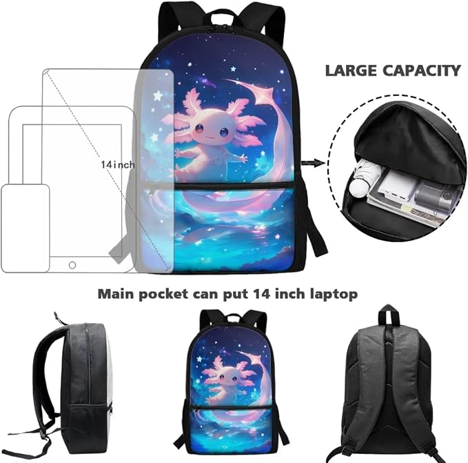WELLFLYHOM Little Kid Axolotl 4 PCS Backpack Set for Girls Back to School Supplies, Blue 17 Inch Starry Night Elementary School Backpack with Lunch Box for Age 6-8, Mochilas Escolares Para Niñas