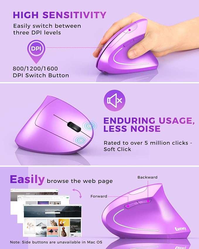 Lekvey Ergonomic Mouse, Wireless Vertical Mouse Rechargeable 2.4 GHz Optical Carpal Tunnel Mice : 800/1200 / 1600 DPI, 6 Buttons, for Laptop, PC, Mac, Computer, Desktop, Notebook etc, Purple