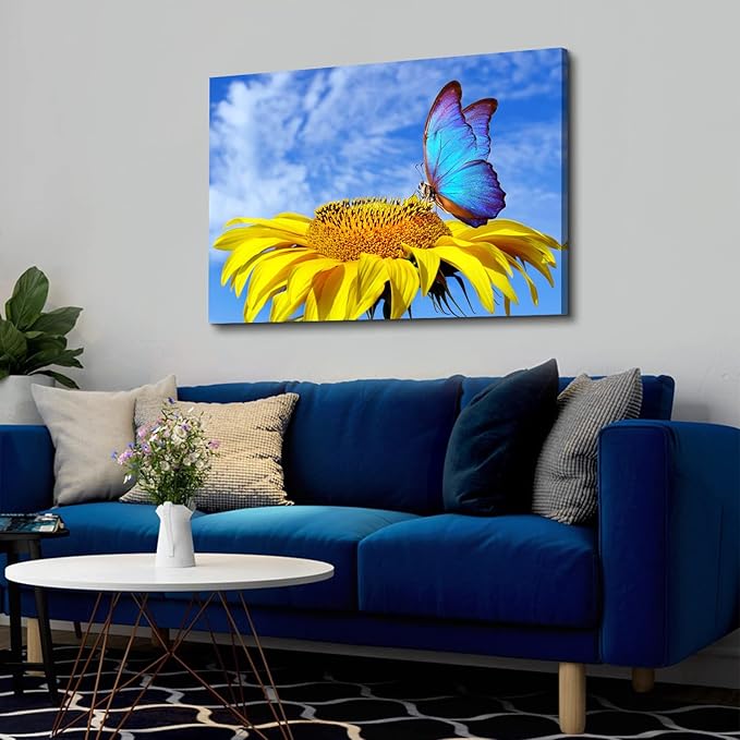 Sunflower Wall Art Bathroom Decor Blue Butterfly Canvas Pictures for Bedroom Sunflower Wall Decor Floral Posters Living Room Kitchen Home Decoration Yellow Sunshine Flower Painting Modern Artwork 24x36"