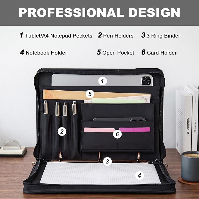 AZXCG Genuine Leather Portfolio Binder for Men& Women,Portfolio Organizer with Zipper,Leather 3 Ring Binder for iPad Pro 12.9,Business Portfolio for Men,Gift for Father's Day