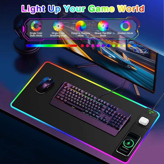 RGB Gaming Mouse Pad with Magnetic Wireless Charging & Foldable Phone Stand | 31.5"x15.8" XXL Large LED Mousepad with Stitched Edges, Ultra-Smooth Waterproof Surface, 25 Lighting Effects, Non-Slip Base