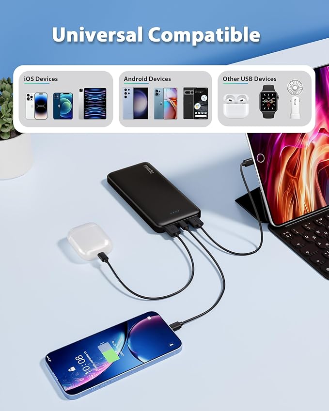 Miady 2-Pack 10000mAh Dual USB Portable Charger, Type-C Charging Power Bank, Slim Battery Pack for iPhone 17/16/15/14, Galaxy S24/22, Android etc