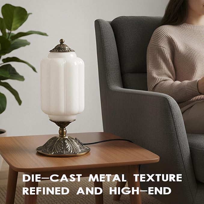 Vintage Touch Bedside Table Lamp, Elegant Green Glass Bedside Desk Lamp 3 Way Dimmable with USB C+A Charging Ports - Bedroom Nightstand & Living Room Essential (Vintage White, 6.5)