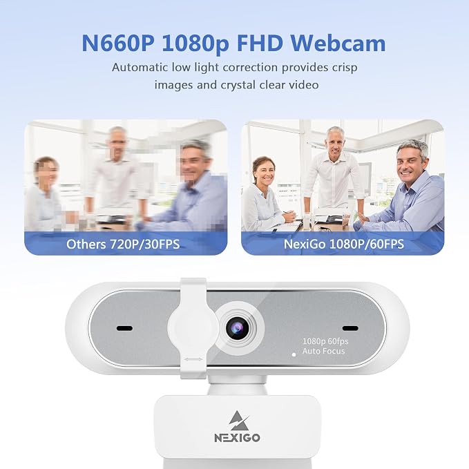 NexiGo N660P (Gen 2) 1080P 60FPS Webcam with Software Control, Dual Microphone & Cover, Autofocus, HD USB Computer Web Camera, for OBS/Zoom/Skype/FaceTime/Teams/Twitch, White
