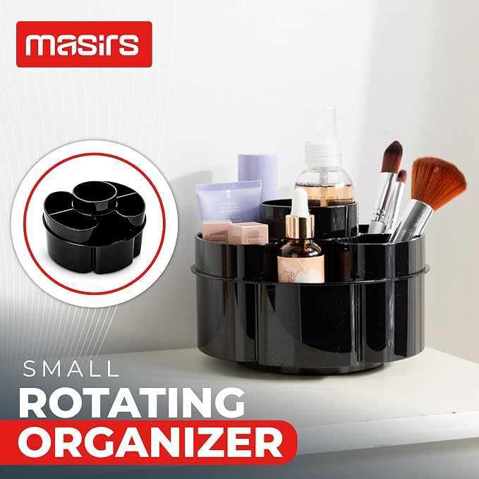 Masirs Small 360 Rotating Makeup Organizer, 5 Compartments, Round Black | Small 360 Rotating Makeup Organizer, 5 Compartments, Acrylic Mini Lazy Susan, Vanity Bathroom Counter, Round Black