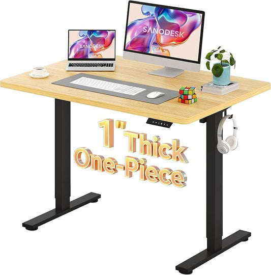 SANODESK Electric Standing Desk 48 x 30 Inches Whole-Piece Desktop Height Adjustable Stand Up Desk w/6-Button Controller Ergonomic Computer Desk for Home Office, Black Frame + Natural Tabletop