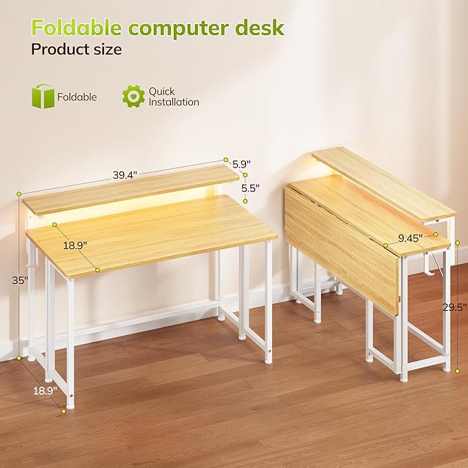 Folding Desk,Foldable Computer Desk with Monitor Stand,39.4 Inch Gaming Desk with LED Lights & Hooks,Space Saving Sofa Table for Couch,Home Office Desk for Bedroom Living Room,Oak