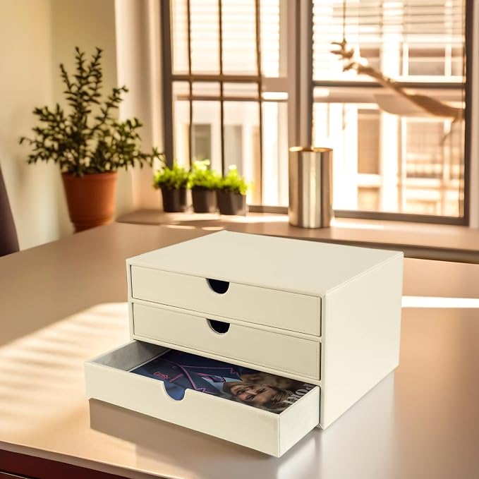 UnionBasic Document Organizer, 3-Drawer File Cabinet Document Storage Box, Office Desktop Filing Organizer, Seashell | Document Storage Box, Office Desktop Filing Organizer