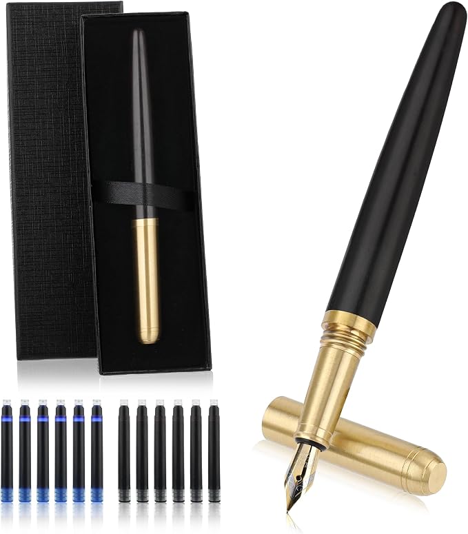 cobee Handcrafted Wooden Fountain Pens Set, Vintage Luxury Wood Fountain Pen 0.5mm Fine Point Smooth Writing Pen With 12 Ink 2.6 mm Cartridges and Gift Box for Journaling Calligraphy Supplies(E)