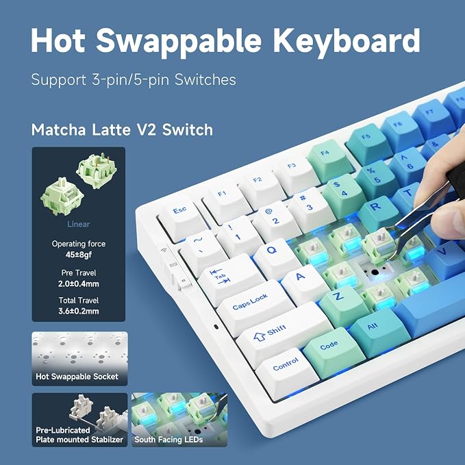 MCHOSE G75 PRO 75% Wireless Mechanical Keyboard, TKL Keyboards Tri-Mode BT5.0/2.4GHz/USB-C, Hot Swap Custom Creamy Keyboards Linear Switch, Double Shot PBT Keycaps RGB LED Backlit, White&Blue