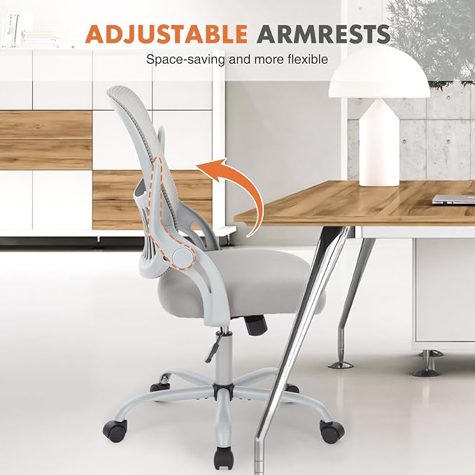 Sweetcrispy Home Office Managerial Executive Chair, Ergonomic Mesh Adjustable Swivel Mid-Back Chair with, Flip-up Arms, Comfortable Lumbar Support, Comfy Arms for Bedroom,Study,Student, Grey