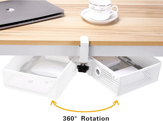 Under Desk Drawer, Clamp on Desk Organizer Hanging Desk Storage Under Table | Under desk organizer: clamp on desk drawer, 360° rotating desk basket, hanging desk organizer, clamp on desk shelf, no-drill