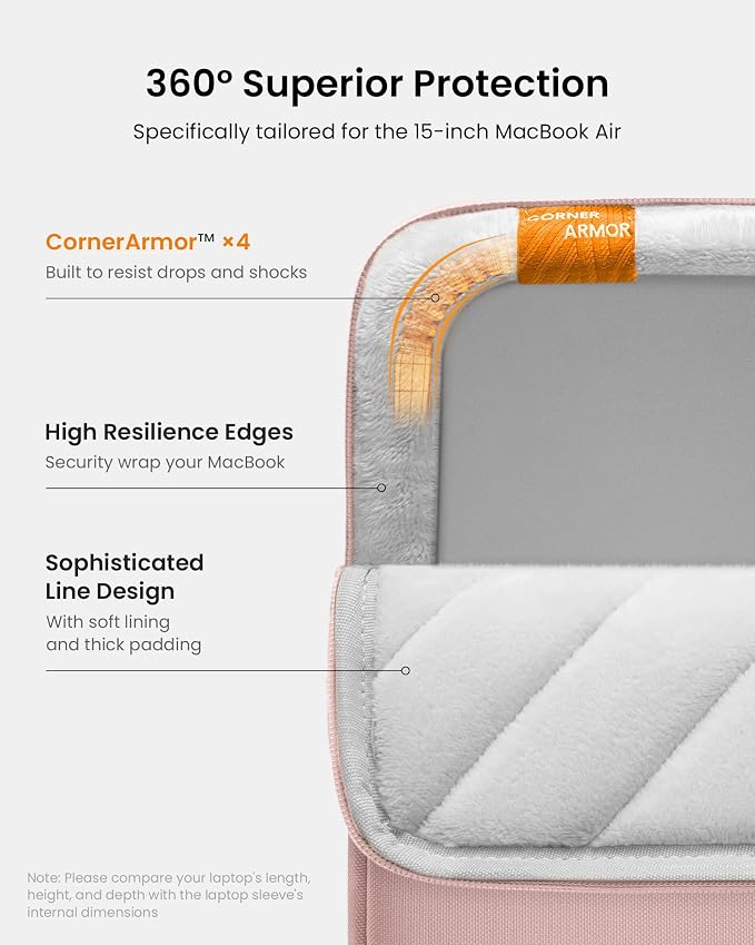 tomtoc 360° Protective Laptop Sleeve for 15-inch New MacBook Air M5/A3448 (2026), M4/A3241, M3/A3114, M2/A2941, Water-Resistant Laptop Case Fits 15-inch MacBook Pro A1990 A1707 & Surface Laptop AI PC
