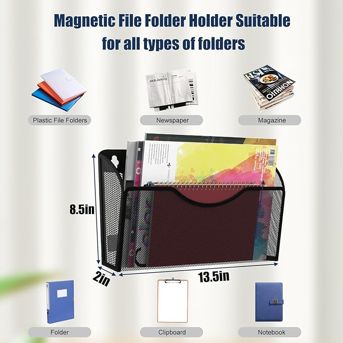 Magnetic File Holder 4 Pockets File Folder Organizer, Office Hanging Magazine Rack for File Cabinets, Magnetic Paper Holder, No Drilling Mail Organizer for Refrigerator, Office
