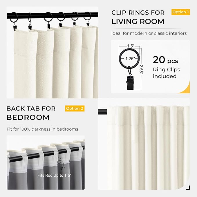 INOVADAY 100% Blackout Curtains for Bedroom, Black Out Curtains 96 Inch Long, Clip Rings Linen Blackout Drapes, Thermal Insulated Room Darkening for Living Room, 2 Panels - Lightcream,W50xL96