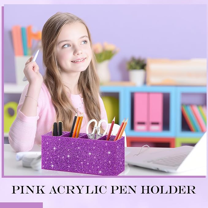 Jetec Acrylic Glitter Pen Holder 4 Compartments Bling Makeup Brush Stationery Organizer Pencil Holder for Desk Accessories Sparkly Gifts for Women Birthday Valentines Desktop Workplace Office(Purple)