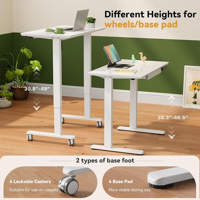 Gibbon Mounts 35” White Glass Standing Desk Height Adjustable with Drawer | Electric One-Piece Rising Whiteboard Table on Lockable Wheels, Mobile Small Rolling Laptop Cart for Work, Drawing, Crafting