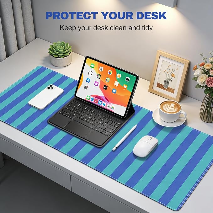 Striped Desk Mat,PU Leather Desk Pad,Extra Large Mouse Pad Table Mat for Laptop Computer, Blue Turquoise Keyboard Mat,Waterproof PU Desk Cover Mat for Office Home Deco