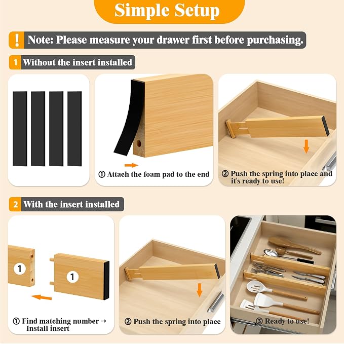 Bamboo Drawer Dividers,12-21" Adjustable Drawer Organizers for Clothes,Expandable Dresser Separators in Kitchen/Bedroom/Bathroom/Vanity/Office Organization and Storage,5-Pack