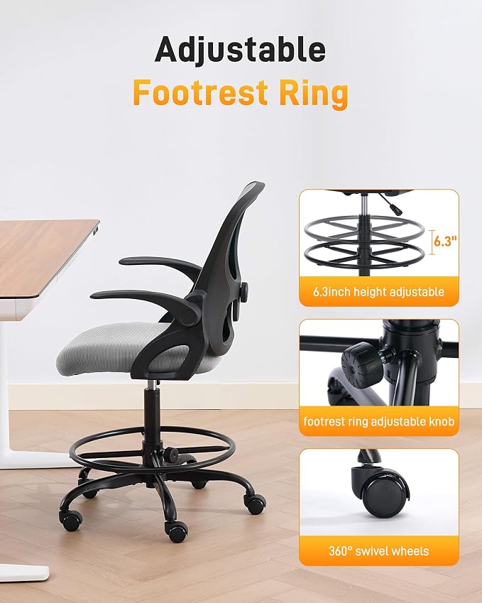 LukkDys Drafting Chair with Arms, Tall Office Chair for Standing Desks | Ergonomic lumbar pad, breathable mesh and foot ring support forward-leaning posture for sewing, crafts and daily studio work.