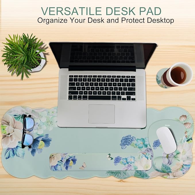 Petmolico Desk Pad Set with Wrist Rest for Keyboard & Mouse, Green Flower | Anti-slip PU base, durable Lycra & memory foam, relieves wrist fatigue, perfect for work, home & daily use