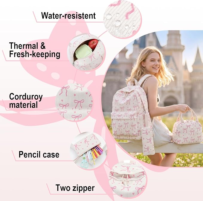 LEDAOU Kids Backpack for Girls Backpacks with Lunch Box, Lightweight Bookbag Set Elementary Middle School Back pack for 8-14