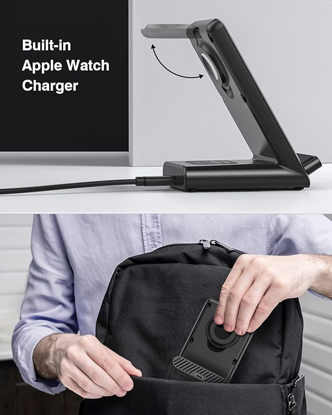 Wireless Charging Station,3 in 1 Charging Stand Made for Apple Watch Ultra 11 10 9 8 7 6 SE 5 4 3,Fast Wireless Charger Made for iPhone 17/Air/16/15/14/13/12,for AirPods Pro(with Adapter) (Black)