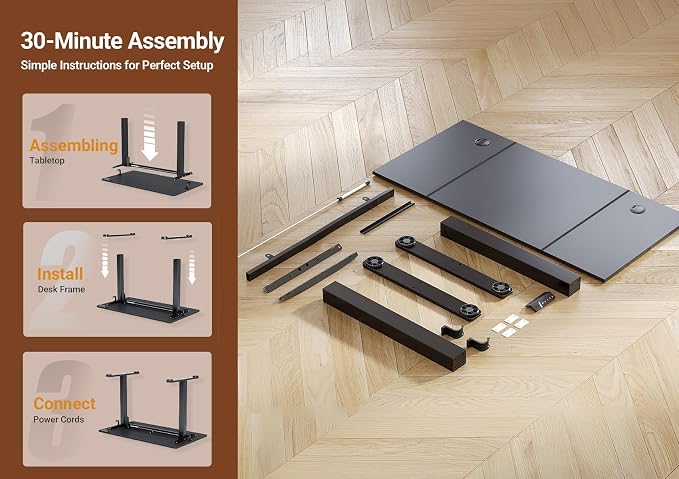 Seang Electric Height Adjustable Standing Desk, 55 x 24 Inch Sit-Stand Desk with T-Shaped Frame, 3 Memory Presets & Cable Management for Home Office Computer Workstation, Black Frame/Black Top