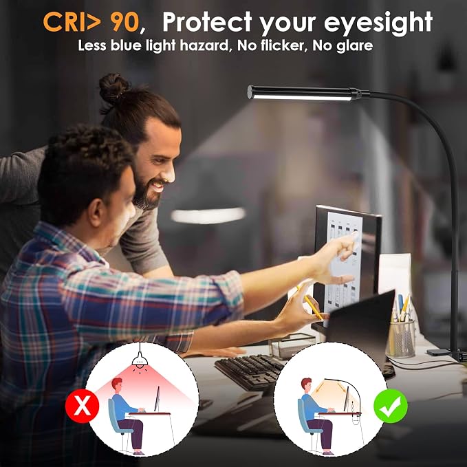 ShineTech LED Desk Lamp with Clamp, Eye-Caring Clip on Desk Light with 3 Color Modes & Stepless Dimming, 360° Flexible Gooseneck Desk Lamp for Home Office College Dorm with USB Adapter