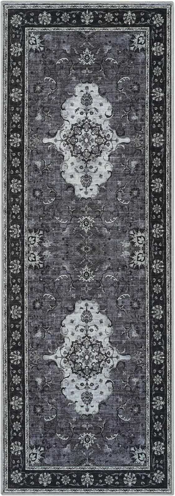 Runner Rug for Hallways Kitchen Rugs Non Slip 2x6 Washable Rugs with Rubber Backing Water Repellent Floor Carpet Low Pile Soft Floral Carpet for, Laundry, Bedroom, Bathroom Black/Grey