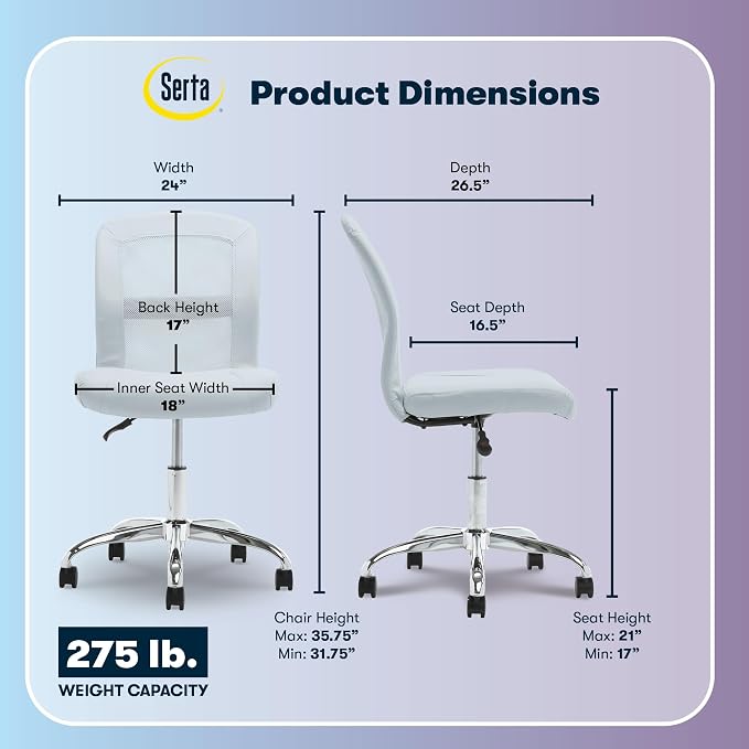 Serta Armless Small Home Desk Chair with Wheel, Ergonomic Mesh Office Chair | Leather and Foam Cusioned Seat, Adjustable Height, Small Vanity Chair for Bedroom and Small Spaces, 360° Swivels, Sky Blue