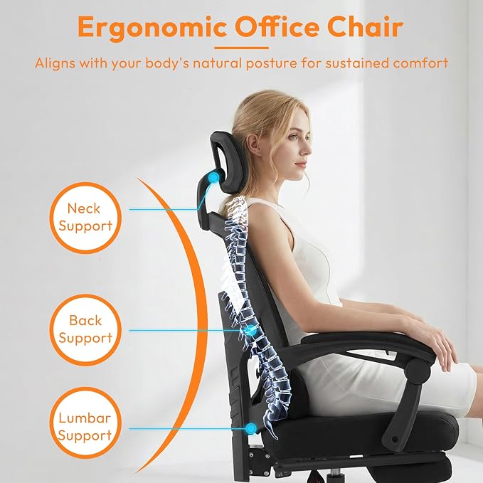 Desk Chair with Foot Rest, High-Back Mesh Office Chair with Wheels, Black | Reclining Gaming Chair with Headrest and Adjustable Lumbar Support, 90°-130° Reclining, for Home Office and Gaming