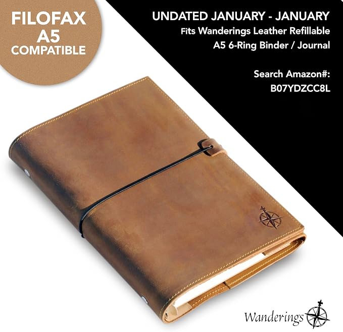 Wanderings Undated Monthly & Weekly Planner Inserts for A5 6-Ring Binder – 12 Months, Jan–Dec | Hourly Weekly Spreads, Contacts & Notes | Filofax Compatible | 120 GSM | 5.5" x 8.25"