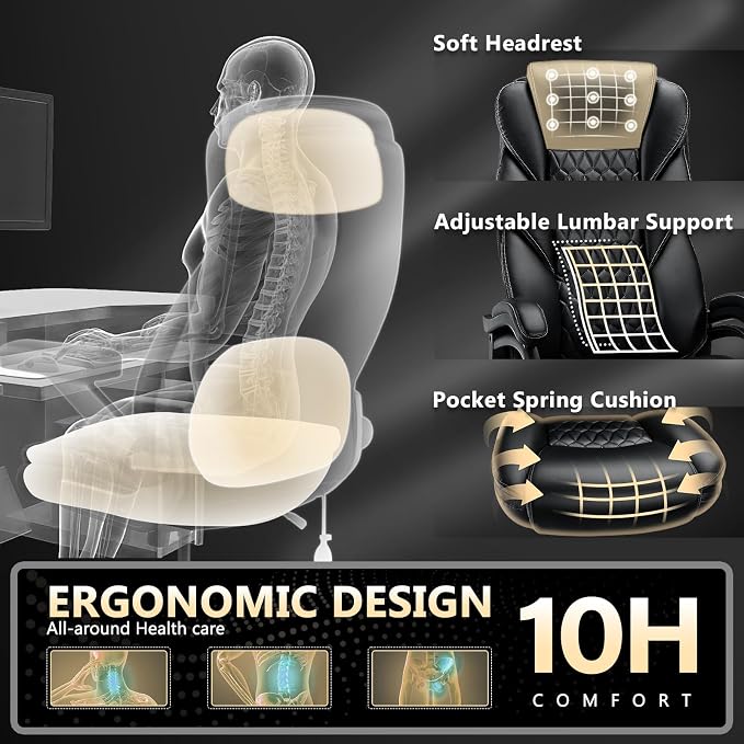 600lbs Big and Tall Office Chair with Pocket Spring Cushion, Ergonomic Heavy Duty Executive Office Desk Chair with Adjustable Lumbar Support, Large Comfy Computer Chair with Dual Rubber Wheel