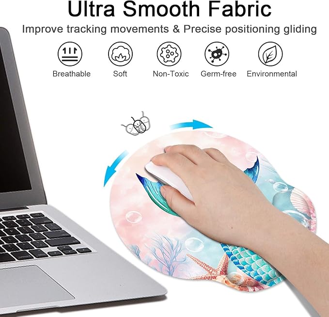 Britimes Pink Cute Deep Sea Mermaid Ergonomic Mouse Pad Set with Wrist Rest Non-Slip Rubber Base Wrist Cushion Support and Coasters Mousepad with Wrist Support for Computer Keyboard and Desk
