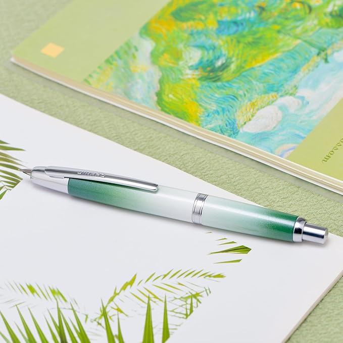 Jinhao 10 Press Fountain Pen with Box, Gradient Grass Green Retractable Fine Nib with Ink Converter Set (Silver Clip)