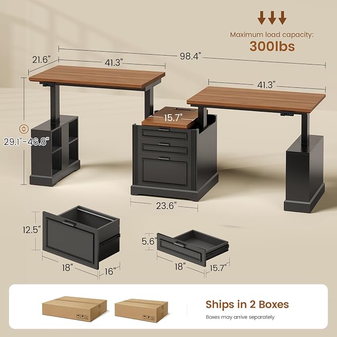 SEDETA Standing Two Person Desk, 98.4'' Farmhouse Long Computer Desk with 3 Drawers, Storage Cabinet, Electric Height Adjustable 2 Person Desk with Power Outlets for Home Office, Black+Brown