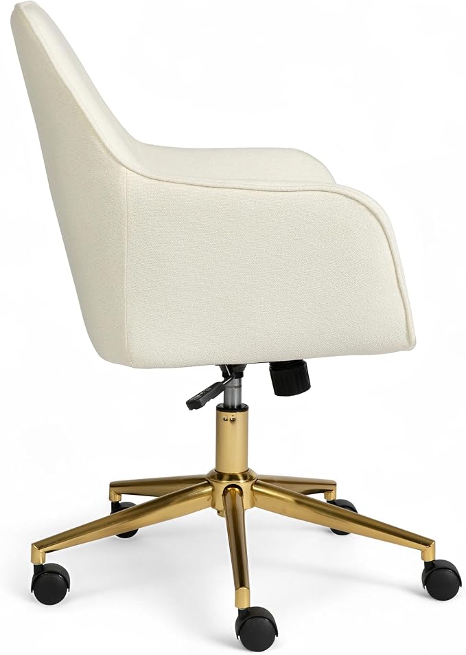 Martha Stewart Rayna Swivel Task Chair with Flared Arms for Home Office in Off White Fabric with Polished Brass Frame
