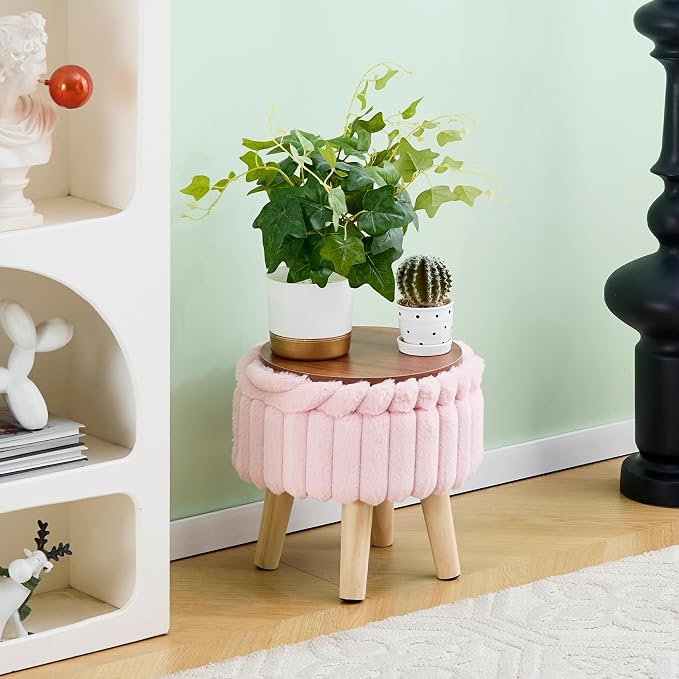 Wimarsbon Storage Ottoman, Modern Round Footrest with Soft Padded Seat, Teddy Velvet Footstool with Wood Legs, Accent Small Table or Plant Stand for Hallway, Living Room (Light Pink)