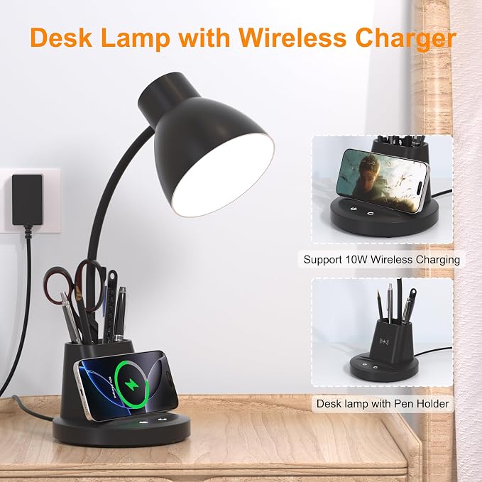 Desk Lamp for Home Office, 10W Wireless Charging, Eye-Caring LED Desk Light, CRI 95+ 3 Color Modes Stepless Dimming Pen Holder, 360° Flexible Arm Desk Lamps for College Dorm, Adapter Included