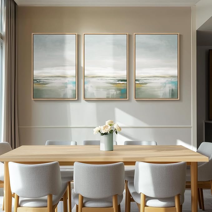 Large Framed Green Abstract Landscape Wall Art for Living Room, 3 Piece Canvas Prints Paintings Artwork for Walls, Modern Minimalist Pictures for Dining Room, Hallway, Office Wall Decor 24x36 In