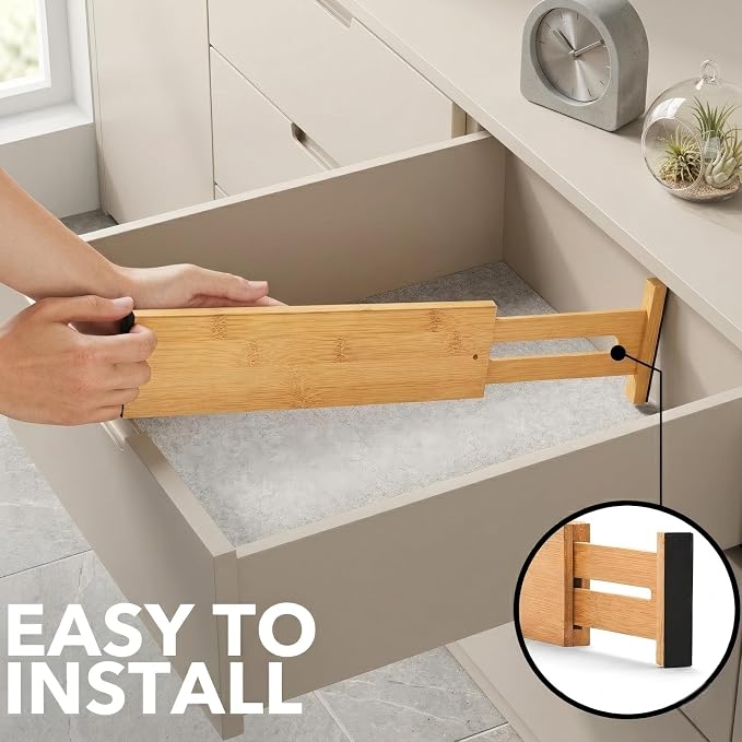 6 Pack Wood Drawer Dividers - Expandable Wooden Drawer Separators for Kitchen Utensils Dresser Wardrobe