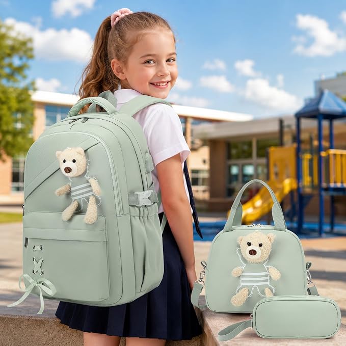 ACESAK School Backpack for Girls - 3 PCS Cute Girls Backpack with Lunch Box & Pencil Case - Kawaii Casual Kids Bookbag School Bag Daypacks Set for Elementary Middle High School Student Teens (Green)