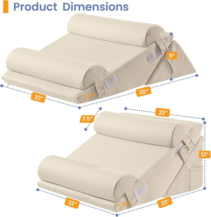 Sasttie Adjustable Wedge Pillow Set for After Surgery, Beige | 2PCS Bed Wedge Pillow Headboard with Memory Foam Neck Cushion, for Acid Reflux, Sleeping, Neck & Back Support