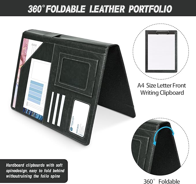 Leather Padfolio with Clipboard Folio Folder Padfolios for Women Black Sparkle Binder with Notepad