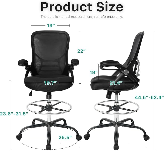 HYLONE Drafting Chair Tall Office Chair High-Back Mesh Standing Desk Stool with Adjustable Footrest Ring and Flip-Up Arms Black
