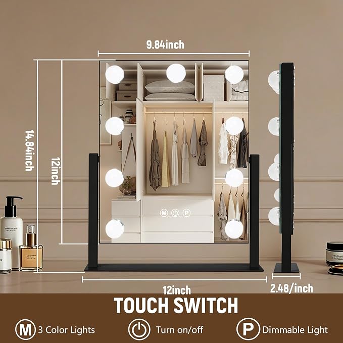 Moonee Vanity Mirror with Lights, Black Hollywood Lighted Makeup Mirror with 9 Dimmable Bulbs and 10X Magnification 360°Rotation, 3 Colors Modes, Light Up Mirror for Tabletop（12" x 14"）