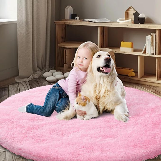 Super Soft Circle Rugs for Girls Princess Castle Toddlers Play Tent 3 Diameter Circular Area Rugs for Bedroom Home Decor Round Shag Playhouse Carpets(Φ3, Pink)